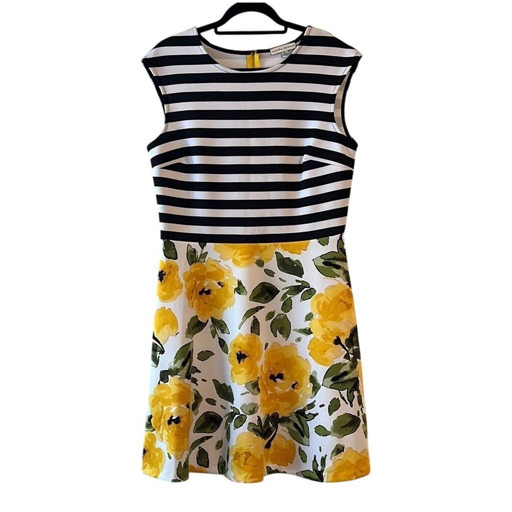 Sandra Darren Mixed Print Striped Yellow Rose Floral Fit and Flare Mini Dress